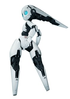 a white and black robot is standing with its arms spread out to the side,