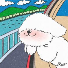 a drawing of a white dog on the side of a road with water and hills in the background