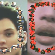 a collage of people's faces and flowers in the shape of a frame