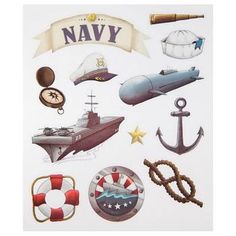 an assortment of marine related stickers on a white background with the words navy written above them