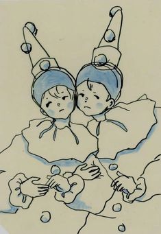 a drawing of two children laying in bed with their heads on each other's shoulders