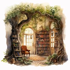 an artistic painting of a room with bookshelves and trees in the doorway to another room