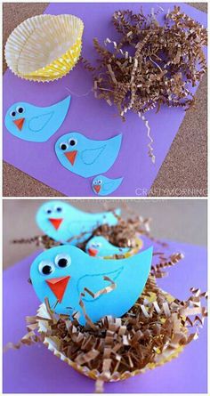 two pictures of blue paper birds in nests on top of purple paper with gold foil