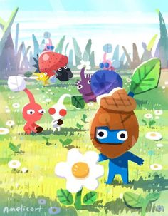 some cartoon characters are in the grass and one has an egg on his head, while another