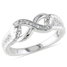 Celebrate your infinite love with this exquisite fashion ring. Crafted in sleek sterling silver, the eye is drawn to the diamond-lined infinity symbol at the center of the style. Looping rope-textured ribbons embrace the symbol, creating the ring's shank. Captivating with 1/20 ct. t.w. of diamonds, this ring is finished with a polished shine. This ring is available in select sizes only. Sterling silver rings cannot be resized after purchase. Silver Infinity Ring, Infinity Diamond Ring, Rope Ring, Rope Rings, Infinity Ring, Women Diamond, Silver Diamonds, Sterling Ring, Ring Designs