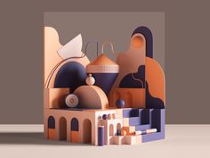 an abstract paper cutout of a building with domes and other things on it's surface