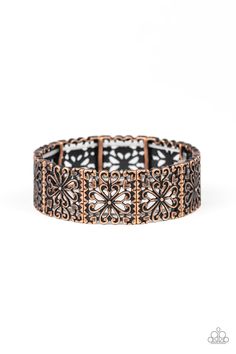 Brushed in an antiqued shimmer, copper filigree blooms into decorative square frames that have been threaded along stretchy bands around the wrist for a seasonal look.

 Sold as one individual bracelet. Filigree Bracelet, Silver Frames, Paparazzi Accessories, Stretchy Bracelets, Copper Bracelet, Paparazzi Jewelry, Jade Beads, Silver Filigree, Silver Accents