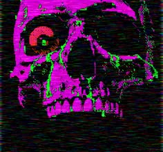 a purple skull with red eyes on a black background