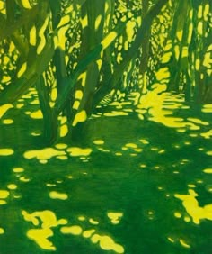 an abstract painting of trees and grass with yellow spots on the ground in front of them