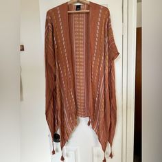 One Size Fits Most Kimono In A Fun Rust Color With Striping Design. There Is A Tiny Snag In The Shoulder Area That Is Pictured Below. Never Worn. Washed And Hung Up In Closet. Hung Up, Rust Color, Stripes Design, Orange Yellow, Color Orange, Rust, Outfit Ideas, Womens Tops, Sewing