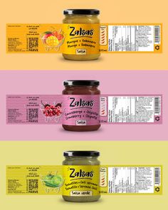 three jars of jams with labels on the front and back, all labeled in different languages