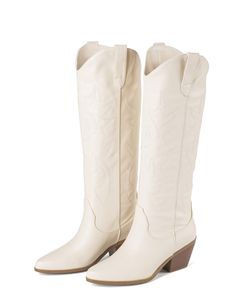 PRICES MAY VARY. Stylish and Comfortable: These pull-on, wide-leg cowboy boots feature faux leather, a rubber sole, a chunky mid-heel, a rubber insole, and a fully lined breathable mesh for long-lasting comfort and easy on and off. Classic Design: With a beautifully embroidered pattern, an almond-shaped toe, and an appropriate heel height (2.56 inches), this perfect white boot allows you to add extra height without any discomfort. It makes your matching dresses, shorts, and skirts more elegant. Cowboy Boots Outfit White, White Summer Rodeo Boots, Cream Cowboy Boots, White Knee High Cowboy Boots, White Cowboy Boots Wide Calf, Western White Boots Medium Width, White Weatern Boots, Knee High Cowgirl Boots, High Cowgirl Boots