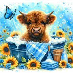 a painting of a cow in a tub with sunflowers