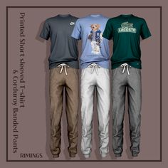 three men's pants and t - shirts are shown in the same color scheme