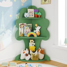 there is a green tree shelf with toys on it in the children's room