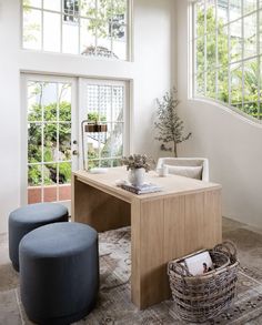 a living room filled with furniture next to windows and a plant in a vase on top of a table