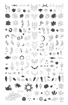 a large collection of different tattoos and piercings on white paper, with black ink