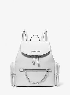 Find MICHAEL KORS Jet Set Medium Pebbled Leather Backpack on Editorialist. This Michael Kors Jet Set backpack is crafted from pebbled leather and features a drawstring and snap closure. The bag has multiple zip pockets with gilded hardware. The backpack is carried on the back and includes a metal chain detail. Michael Kors Backpack, White Backpack, Weekend Adventures, Black Leather Backpack, Blue Backpack, Pink Backpack, Kors Jet Set, Black Backpack