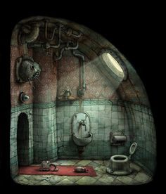 an old fashioned bathroom is depicted in this digital art work, with pipes and toilet