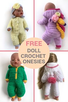 four crochet dolls are shown with the text free doll crochet onesies