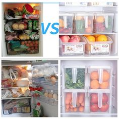 two pictures side by side showing the inside of an open refrigerator and one with food in it