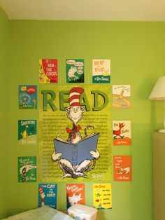 a child's bedroom decorated with dr seuss and the cat in the hat