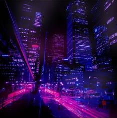 A blue, purple, and pink city lit up at night. Purple City, Neon Cyberpunk, Aesthetic Neon, Futuristic Aesthetic, Purple Vibe, Dark Purple Aesthetic