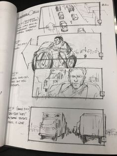 an open book with drawings on it and two men in the middle one is riding a bike