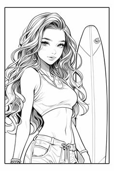 a girl with long hair holding a surfboard