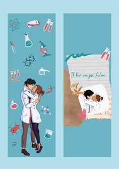 an image of a couple kissing each other in front of medical icons and writing on paper