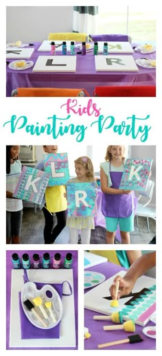 kids painting party with purple and green table cloths, scissors, plates and napkins