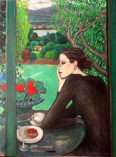 a painting of a woman sitting at a table with a cup of coffee in front of her