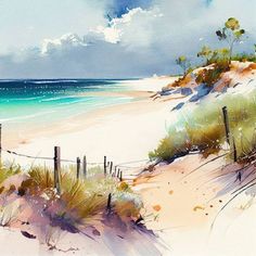 watercolor painting of beach scene with fence in foreground