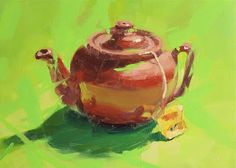 a painting of a red teapot with a yellow tag sitting on it's side