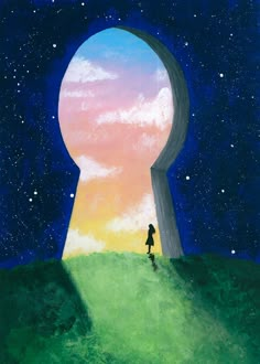 a painting of a person standing in front of an open keyhole with the sky and stars above