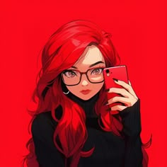 a woman with red hair and glasses holding a cell phone up to her face in front of a red background