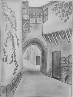 a pencil drawing of an alley leading to a building with vines growing out of it