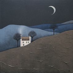 a painting of a house on a hill with trees and the moon in the sky