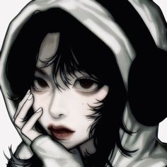 a drawing of a woman with headphones on and her hand to her face, wearing a hoodie