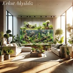 a living room filled with lots of plants next to a wall mounted fish tank on the wall