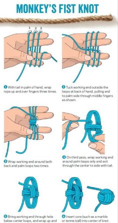 instructions for how to tie a monkey's fist knot on a rope with ropes