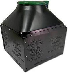 a black metal container with a green lid