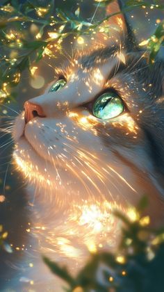 a close up of a cat's face with green eyes and glowing lights in the background