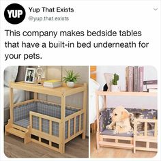 a dog is laying on a bed underneath a table with a cat in it and another photo of a dog