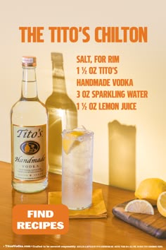 Our go-to cocktail of the summer: the Chilton with Tito’s Handmade Vodka. Sparkling water, a squeeze of lemon, a splash of Tito’s, and salt for the rim. Just stir, sip, and enjoy. Simple, smooth, and naturally gluten-free. Find your new favorite summer recipe with Tito’s. Chilton Drink Recipes, Festive Drinks, Vodka Drinks, Boozy Drinks, Sangria Recipes, Mixed Drinks Recipes, Alcohol Drink Recipes, Drinks Alcohol Recipes, Alcohol Recipes