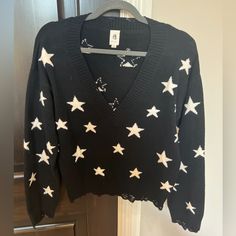 Brand New Never Worn Size Medium Distressed Star Sweater Star Sweaters, Half And Half Sweater With Stars, Mesh Star Sweater, Trendy Black Sweater With Star Print, Shien Star Sweater, Black Casual Sweater With Star Print, Casual Black Sweater With Star Print, Casual Black Star Print Sweater, Frog Girl