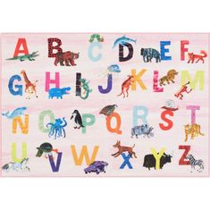 the alphabet is made up of animals and letters with different colors on white paper,