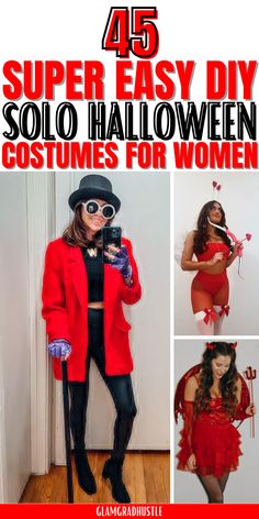 four pictures of women in costumes with text that reads, 46 super easy diy solo halloween costumes for women