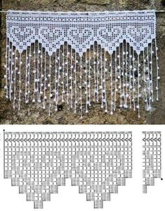 a white crocheted curtain hanging on the side of a brick wall next to another pattern