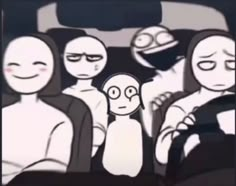 three people are sitting in the back seat of a car with faces drawn on them